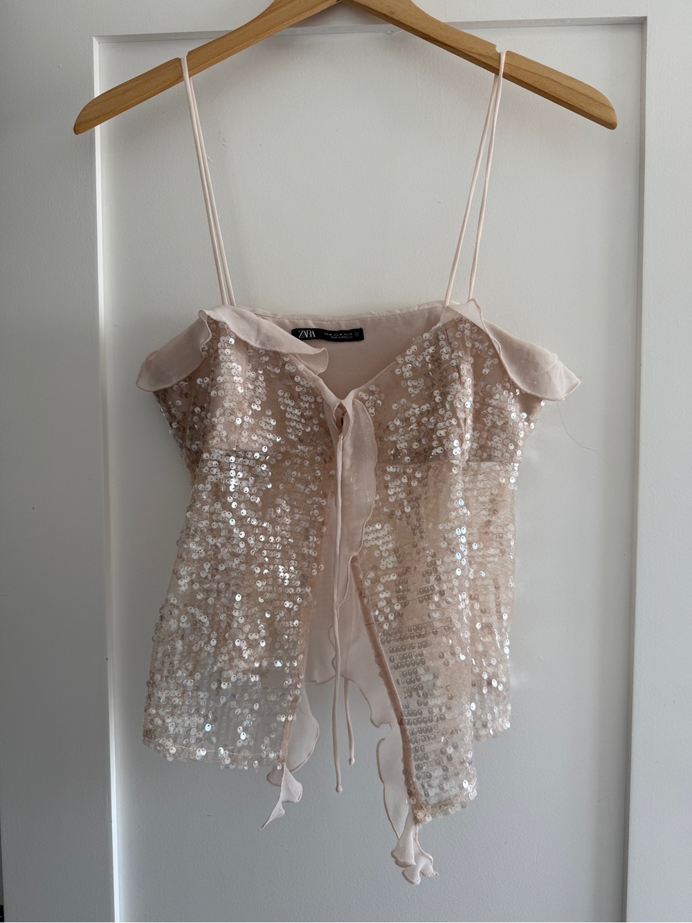 Zara Pale Pink Sequin Cami with Chiffon Tie